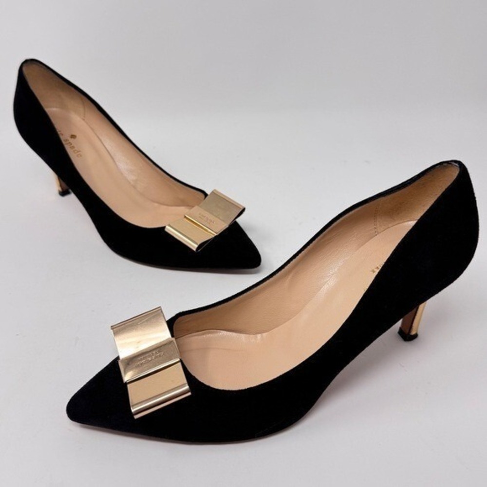 Kate Spade New York Kitten Heels – Suede with Gold Bow – Size 6